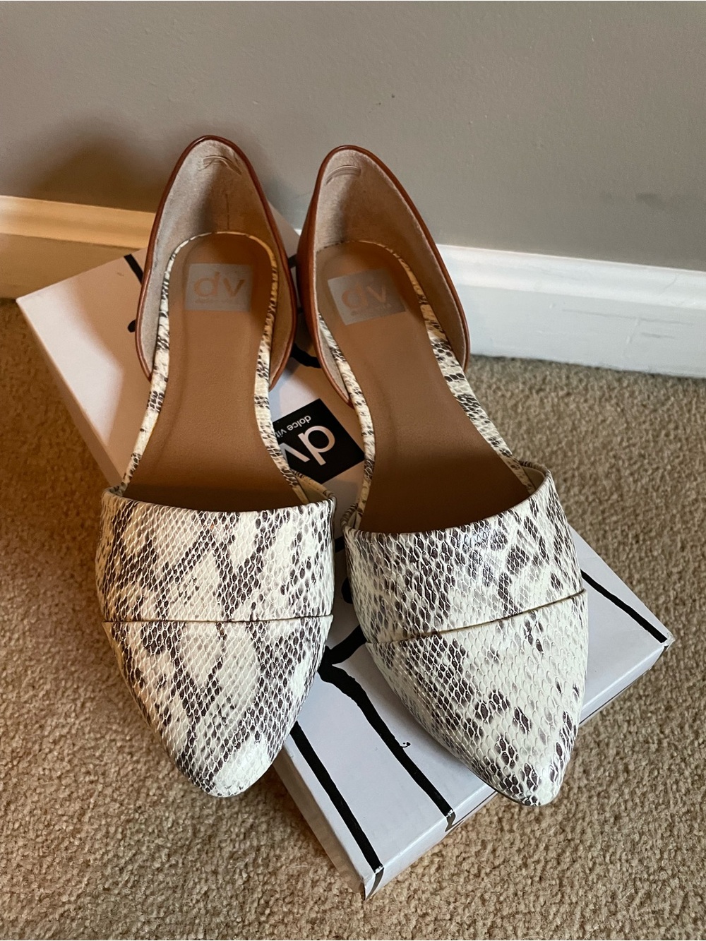 Dolce Vita White Snake-Print Pointed D'Orsay Flats with Tan Back